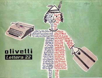 wunderschöne Grafik-Werbung der 1950er für Italiens beliebteste Reiseschreibmaschine